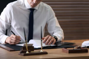 A lawyer prepares paperwork for a client after a car accident.