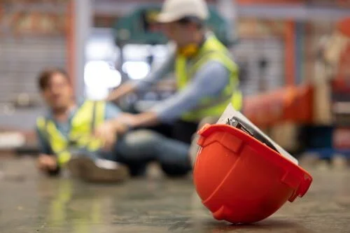 A close up of a red hard hat with injured construction workers in the background.