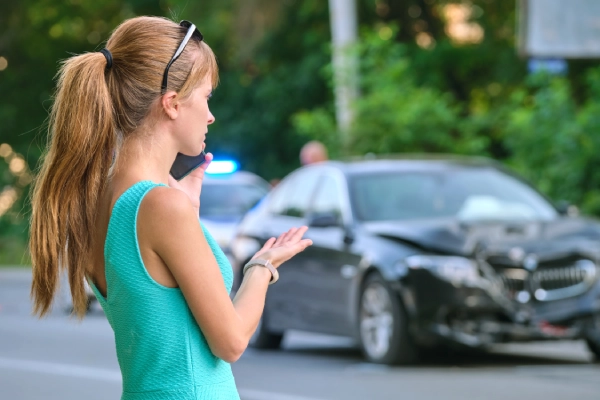 A woman on her phone standing at the scene of a car accident as police in the background assess the scene.