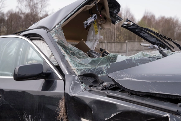 The shattered windshield and caved-in roof of a grey car after a car accident.