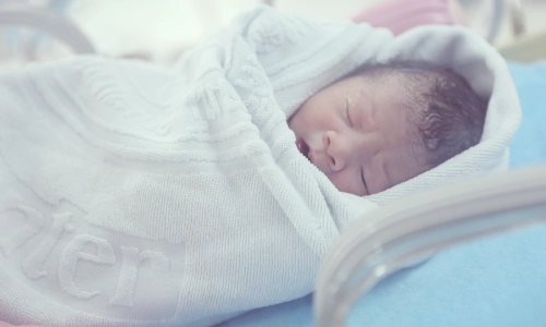 A newborn baby wrapped and sleeping in an incubator at a hospital.