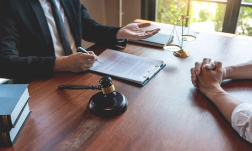 A lawyer briefing and explaining a legal document to a client.
